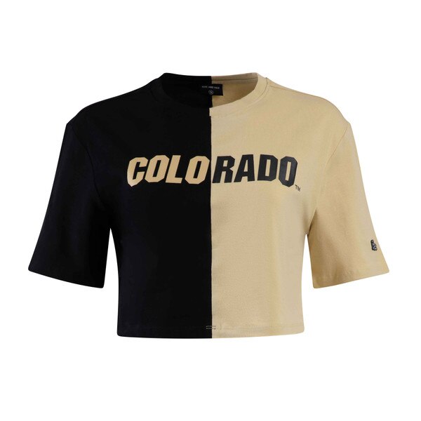A half black and half Vegas gold cropped tee with Colorado in bold lettering on the front.
